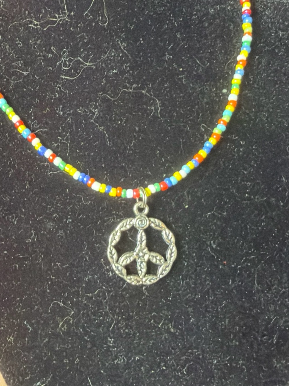 Beaded Multicolor Necklace with Silver Peace Pendant